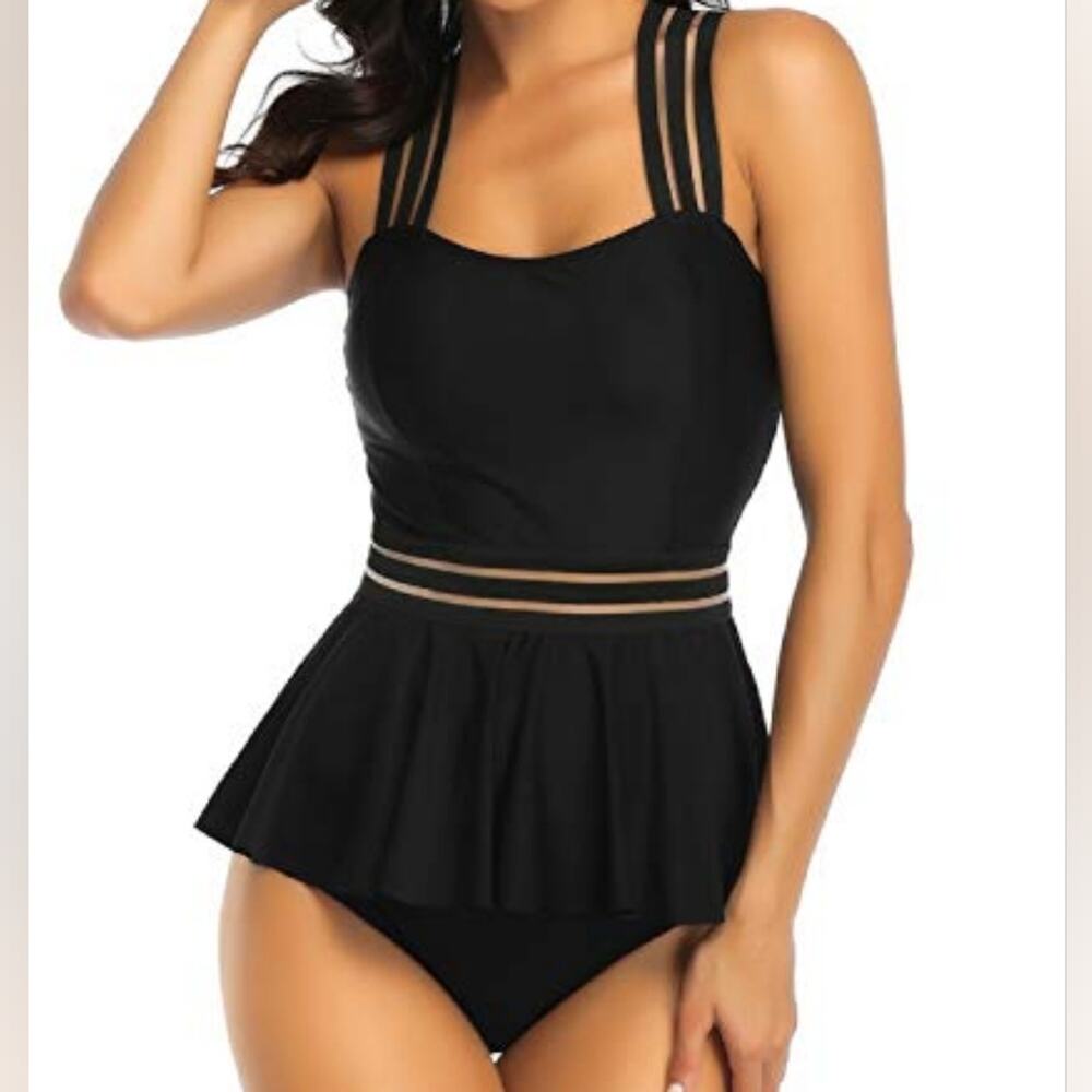 New Black One Piece Swimsuit‎ Halter Flounce Skirt 479 Women's Size S